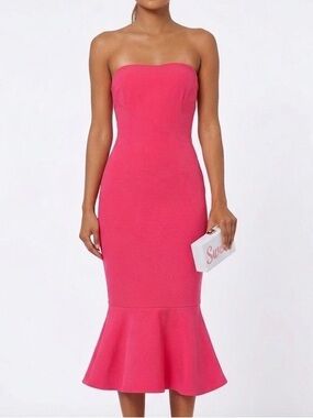 CINQ A CEPT Fuchsia Strapless Midi Dress with Flounce Hem NEW NWT